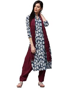 Indigo Fusion of Prints Straight Fit Shirt style Cotton Kurta With Maroon Patiala Dupatta