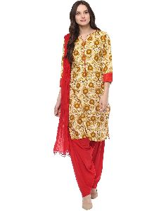 Jaipur Kurti Floral Yellow Cotton Suit Set