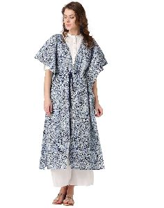Jaipur Kurti Women Indigo Floral Kimono Style Cotton Shrug