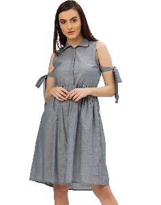 Line Blue Solid Cotton Handloom Cold Shoulder Dress