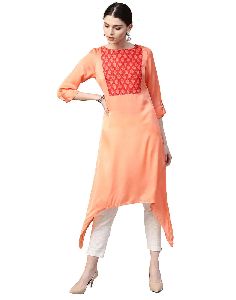 Orange and Off White Solid Straight Satin Kurta With Pant