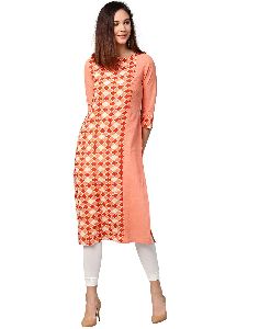 Orange Geometric Straight Cotton Slub Kurta