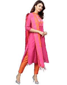 Pink and Orange Solid Straight Chanderi Kurta with Pant Dupatta