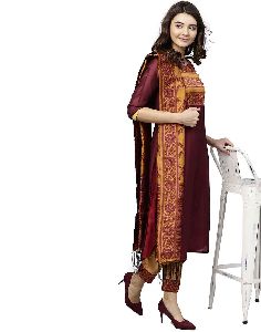 Women Maroon and Mustard Solid Straight Chanderi Kurta with Pant Dupatta