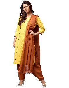 Women Yellow Solid Straight Cotton Kurta