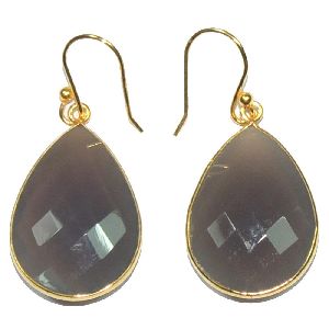 Gray Chalcedony Pear Shape Gold Plated Bezel Dangle Earring