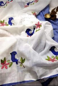 Handloom Pure Linen Embroidery Saree