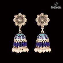 Floral Enamel Jhumki With Pearl and Blue Beads