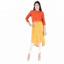 Women Solid Designer Tie Die Orange Yellow 3/4 Sleeve Kurtis