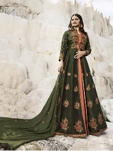 Green & Peach Embroidered Anarkali Suit