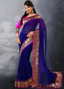 Checked Chanderi Border Saree, Color : Black, Blue, Green, Orange, Pink, Red