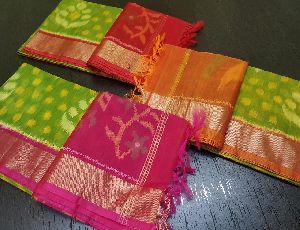 contrast border nd blouse pure handloom ikkat silk sarees