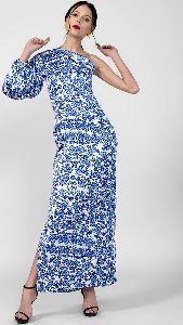 Floral Printed Satin One Shoulder Long Dress, Color : Blue