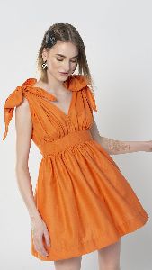 Orange Shoulder Tie Up Dress