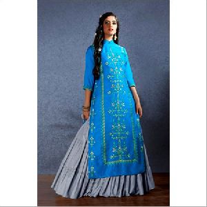 Muslin Gathered Style Lehenga With Long Short Kurti Suit