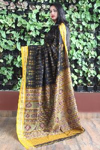 GiTAGGED Orissa Ikat Black With Mustard Border Deha Banda Cotton Saree