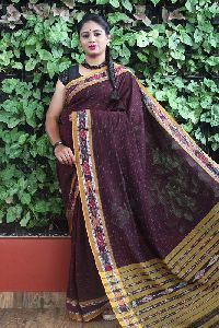 GiTAGGED Orissa Ikat Dark Plum With Yellow Border Rekha Butti Cotton Saree