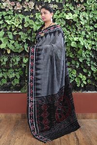 GiTAGGED Orissa Ikat Gray With Black Border Pasapali Kumta Cotton Saree