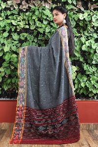 GiTAGGED Orissa Ikat Gray With Yellow Border Rekha Butti Cotton Saree