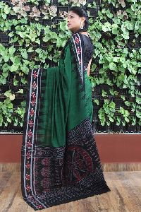 GiTAGGED Orissa Ikat Green With Black Border Pasapali Kumta Cotton Saree