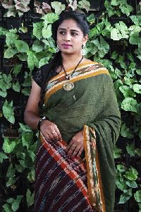 GiTAGGED Orissa Ikat Green With Orange Border Rekha Butti Cotton Saree