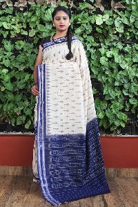 GiTAGGED Orissa Ikat Ivory With Blue Border Deha Banda Cotton Saree
