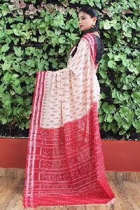 GiTAGGED Orissa Ikat Ivory With Red Border Deha Banda Cotton Saree