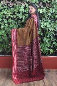 GiTAGGED Orissa Ikat Slate Gray With Maroon Border Deha Banda Cotton Saree