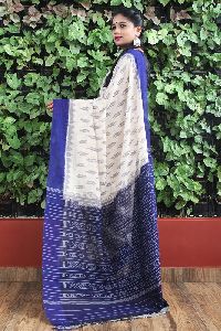 GiTAGGED Orissa Ikat White With Blue Border Deha Banda Cotton Saree