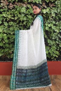 GiTAGGED Orissa Ikat White With Peacock Green Border Dal Jaran Cotton Saree