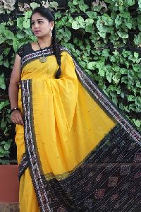 GiTAGGED Orissa Ikat Yellow With Black Border Rekha Butti Cotton Saree