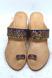 Blue Golden Paithani Box Heel Kolhapuri Chappal