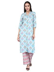 Women&rsquo;s Blue and Pink Cotton Floral Printed Ethnic Set