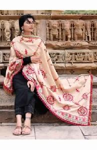 Beige Floral Heavily Embroidered Khadi Shawl