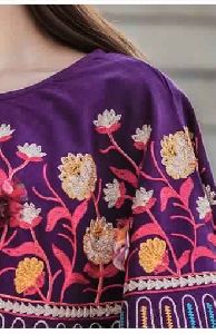 Multi Checks Frill Purple Embroidered Poncho