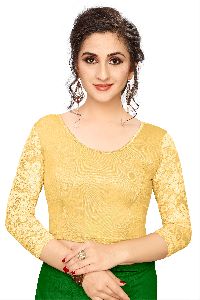 Jelite&reg; Premium Women's Stretchable Readymade Golden Shimmer Three-Fourth Net Sleeve Saree Blouse