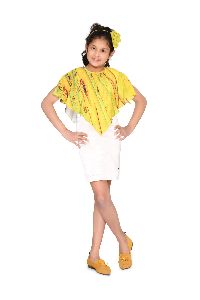 Olesia kids girls plain white stretch cotton satin with yellow printed crepe cape overlay slim fit knee length sheath dress for children