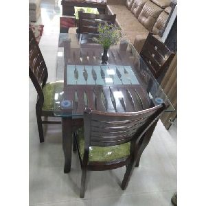 Glass Top Wooden Dining Table Set