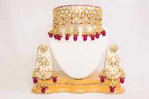 Designer Kundan with Ruby Pink Pearl Wedding Necklace Set