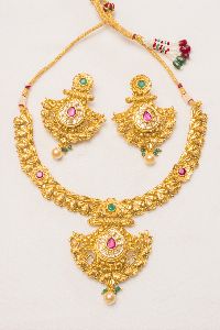 Ethnic CZ Antique Gold Polish Necklace Set