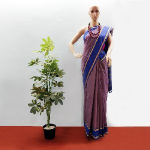 GiTAGGED Udupi Pickle Blue-Brown Small Checks Pure Cotton Saree