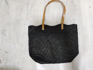 BLACK JUTE BAG WITH REXINE HANDLE