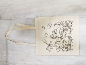 BLACK PRINTED COTTON BAG WITH SELF HANDLE