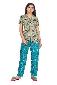 Mannat Fashion Women Floral Print Beige, Blue Shirt & Pyjama Set