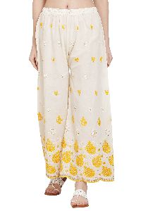Cotton Embroidery Chikan Palazzo Pant_off white
