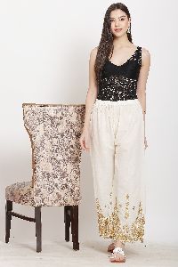 Golden Chikan Embroidery Palazzo Pant_Off-Whtie