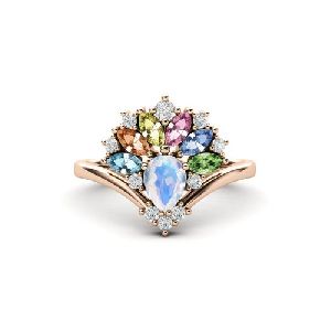 925 Sterling Silver Rainbow Moonstone And Multi Sapphire Ring