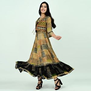 Chikoo Foil Print Jacket Gown