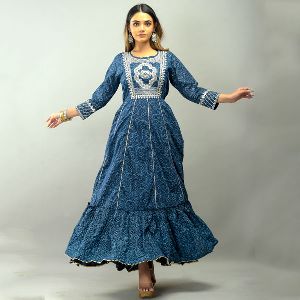 Dark Blue Printed Full Length Anarkali Gown