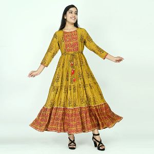 Mustard Yellow Flared Gown with Handwork and Belt